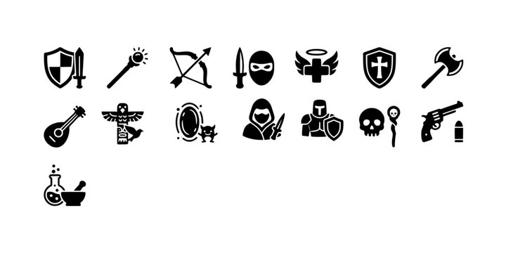 Icon set collection of fantasy RPG character classes and equipment featuring warrior shields, mage staves, rogue masks, and divine healing symbols.