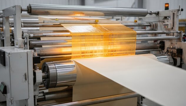 Medium shot of a singlelayer extrusion lamination line showing molten polymer film smoothly bonding onto a continuous moving paper web for flexible packaging production.