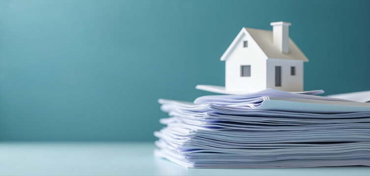 Miniature house model sits on stack of papers. Concept for property loan investment collateral documentation and home ownership. Real estate paperwork is visible.
