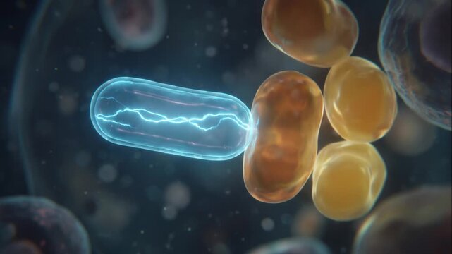 Dynamic Microscopic Depiction of an Energized Capsule Influencing Adipocytes, Symbolizing the Vital Regulatory Function of the LEPTIN HORMONE