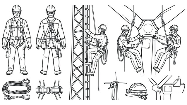 High altitude worker with safety harness climbing communication tower and wind turbine.