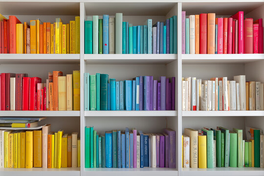 Close-up view of modern white bookshelves filled with books organized by rainbow color gradient. Bright and minimalist library aesthetic with colorful literature collection