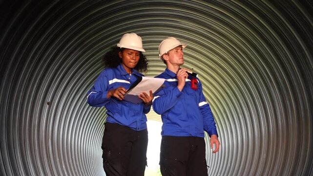 4k Male and female engineers are checking the integrity and safety of the pipeline.	