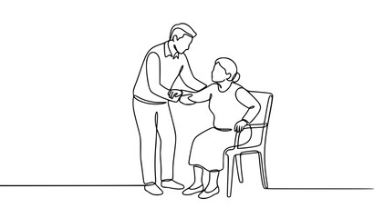 Obraz premium One line art vector of man assisting elderly woman with care and support concept