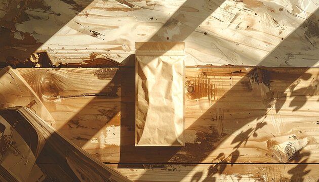 Overhead view of a plain brown paper bag casting a shadow on a wooden surface with striped sunlight