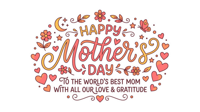 Colorful graphic illustration of Happy Mother's Day text surrounded by hearts, flowers, and moons on a white background.