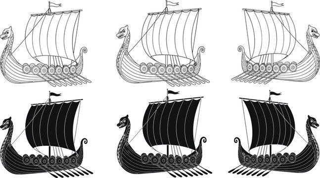 Viking ship icon set vector illustration, dragon prow sail shield artwork design, historical maritime symbol graphic, flat vector illustration
