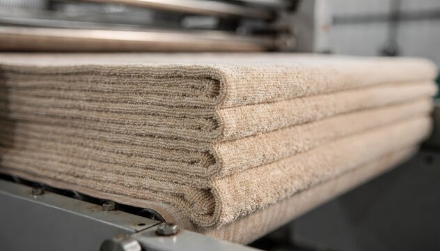 Closeup medium shot capturing naturalcolored Cfolded towels stacking evenly as they exit the interfolding machine emphasizing fabric texture and softness.
