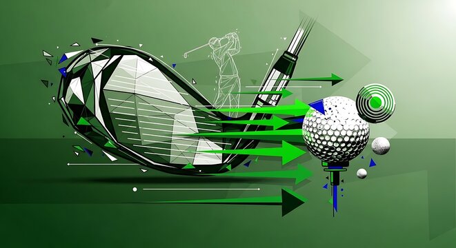 A professional vector illustration showing a golf club head striking a ball on a tee, featuring green trajectory arrows and a low-poly geometric style on a green background