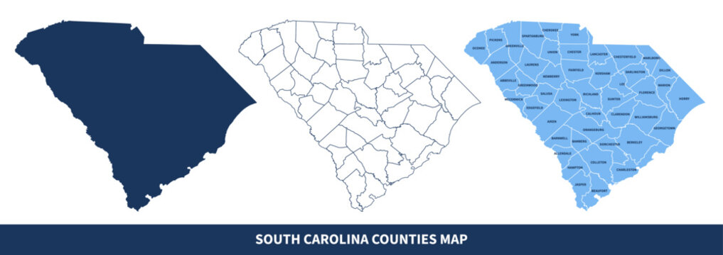South Carolina Counties Map - State Silhouette, County Outline and Labeled Map Vector