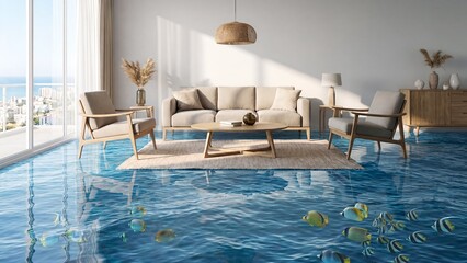 Fototapeta premium Indoor swimming pool with lounge area and tropical fish decoration