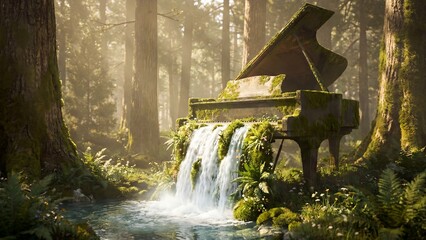 Fototapeta premium Grand piano surrounded by moss and waterfall in forest