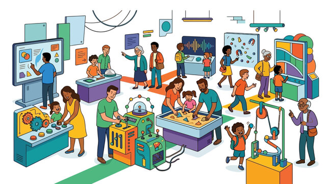 An illustration shows diverse visitors enjoying educational activities in a colorful museum exhibition, featuring interactive displays and historical artifacts against a clean, bright