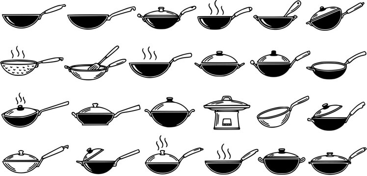 Kitchen Cooking Utensils Vector Line Art Icon Set. Black and White Glyphs of Woks, Frying Pans, and Pots for Food Industry and Home Kitchen