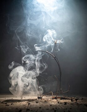 Smoke rising from burnt twig on charred floor, dramatic dark light, abstract fire aftermath, environmental pollution concept