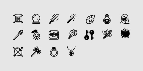 Icon set collection of fantasy magic and RPG equipment including scrolls, crystal balls, enchanted weapons, and mystical artifacts for tabletop gaming. © Raka Firdaus 