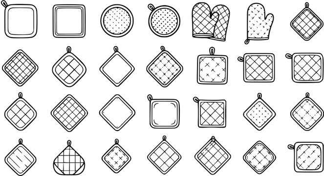 Black and White Line Art of Kitchen Pot Holders and Oven Mitts, Vector Set