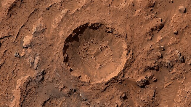 Large Rocky Impact Crater Marking Rust Colored Desert Surface From Above