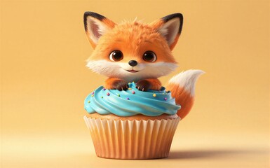Fototapeta premium Adorable fox peeking out of a blue-frosted cupcake with colorful