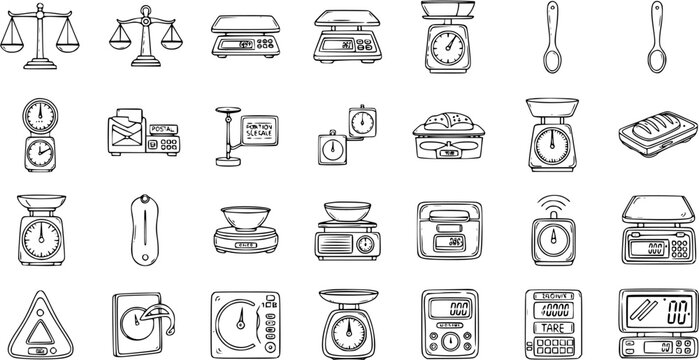 Black and White Line Art Icons of Various Scales and Weighing Devices for Food and General Use
