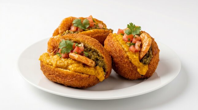 Brazilian acaraj&eacute; with shrimp filling on white plate