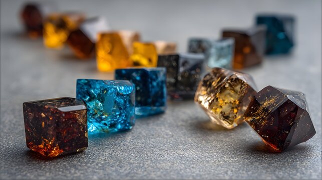 Collection of colorful rough gemstones and crystals arranged in a row.