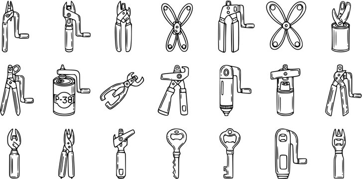 Kitchen  Household Utility Tools Black and White Line Art Doodle Icons: Hand-Drawn Collection of Can and Bottle Openers