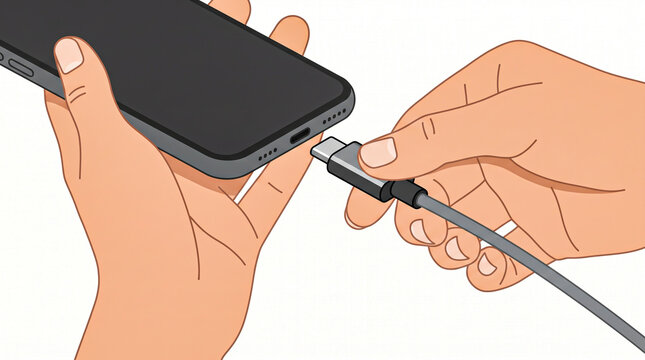 Vector illustration of hand plugging a USB Type-C cable into a smartphone charging port