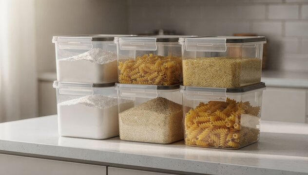 Square bulk ingredient storage tubs captured in medium shot highlighting sturdy design perfect for organized kitchen ingredient management.