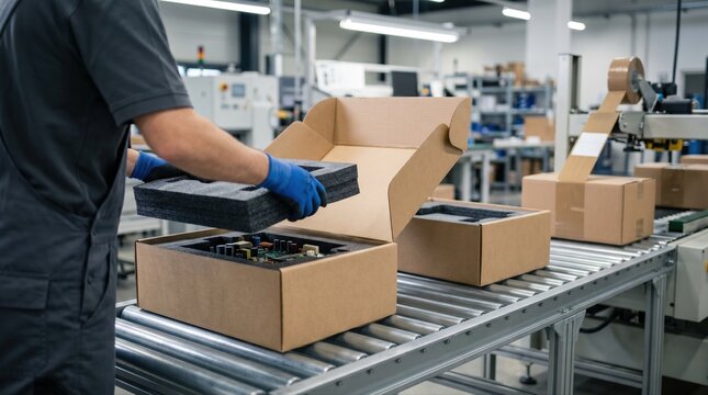 Packaging line in medium shot featuring cushioning process where foam inserts are placed around sensitive peripherals highlighting protective measures before sealing and labeling.