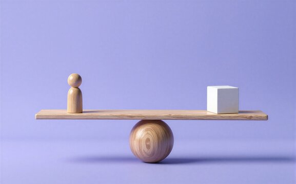 Wooden seesaw balances a tiny figure and white cube against soft