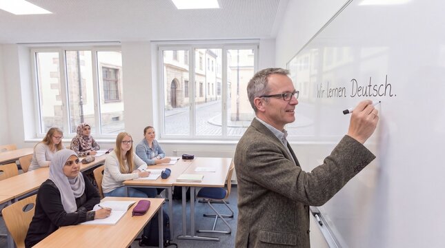 Teacher writes German sentence structure on whiteboard in language school class