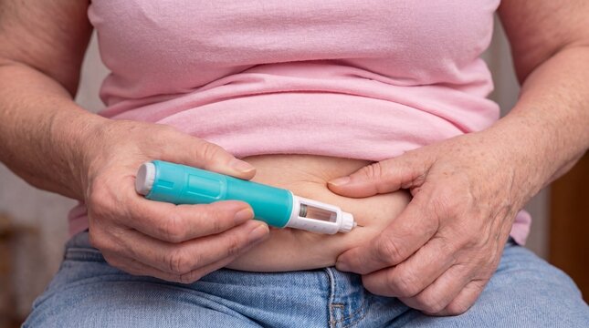 Obese middle-aged woman in pink t-shirt giving herself an insulin or semaglutidee injection in the abdomen at home.