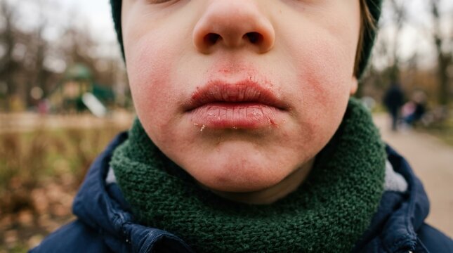 Child suffering from dry and cracked lips in cold weather