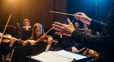 Fototapeta premium Conductor's hands with a baton leading an orchestra during a musical performance or rehearsal.