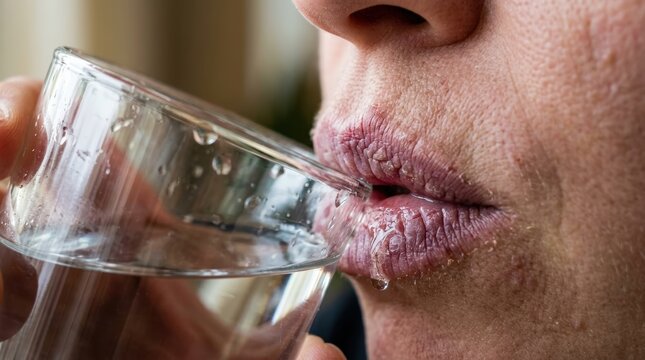 Woman with dry cracked lips drinking a glass of water