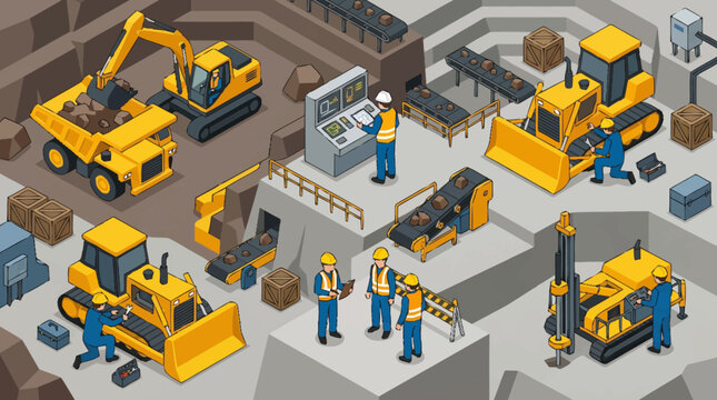 Construction site with workers and heavy machinery.