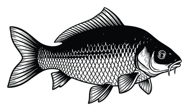 Detailed black and white carp fish drawing suitable for fishing hobby or aquatic themed projects