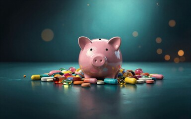 Pink piggy bank surrounded by colorful pills symbolizing healthcare © joeycheung