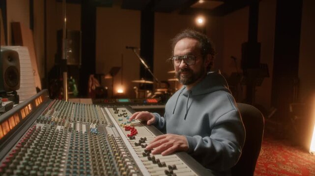 Male music producer sitting at professional audio mixing desk in recording studio, looking at camera with smile. Video portrait