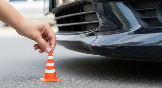 Car insurance accident estimate traffic cone near scratched bumper on street hand placing warning marker after collision