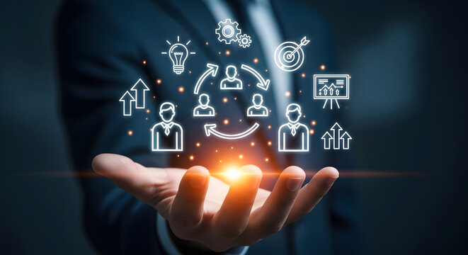 Change management strategy concept with business professional presenting digital team interface,