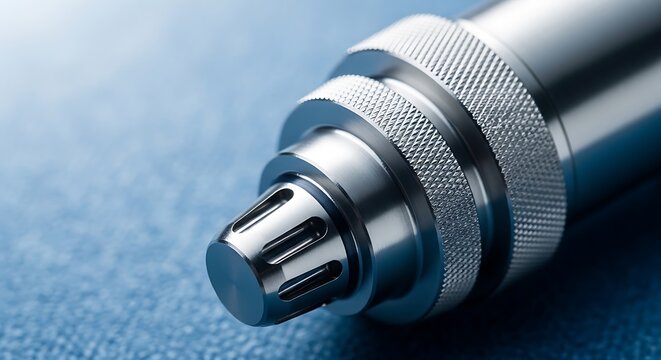 Precision metal nozzle featuring a knurled surface and intricate mechanical details. Macro shot highlights engineering excellence with professional blue lighting and bokeh. Ideal for manufacturing.