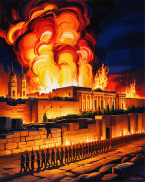Dramatic ancient city on fire with chained prisoners at night, burning temple walls, apocalyptic flames and dark stormy sky illustration
