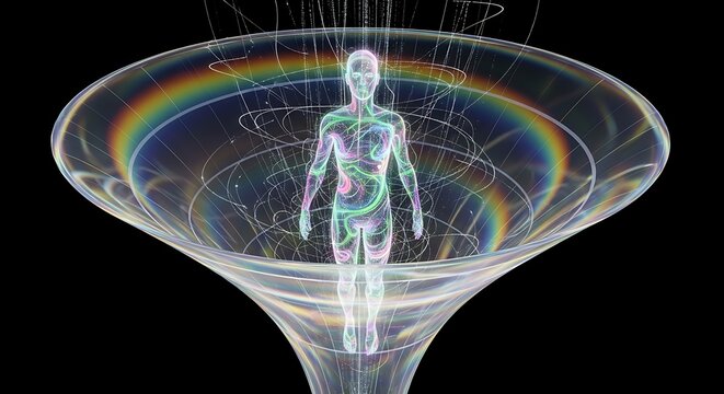 Transparent human silhouette standing within a glass vortex funnel with rainbow prismatic reflections and sparkling data particles. Ideal for futuristic technology marketing.