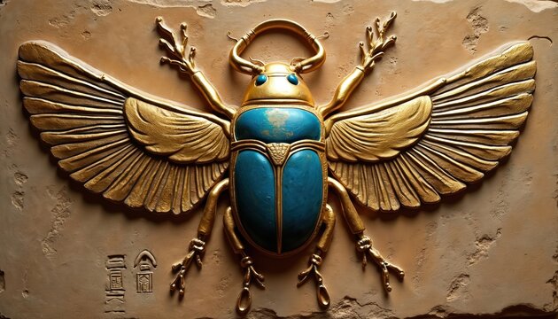 Golden winged scarab bas-relief with blue carapace on textured sand background. Ancient Egyptian hieroglyphs inscribed on wall. Sacred insect art symbolizes rebirth and power.