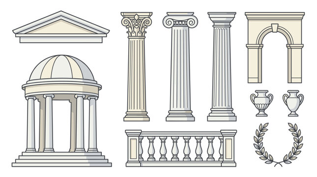 Collection of colorful neoclassical architecture vector elements featuring classic stone columns, elegant arch, pediment, domed rotunda, vintage balustrade, and laurel wreath.
