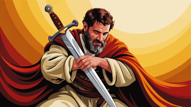 Medieval warrior in red cloak kneeling with sword in hands, solemn knight illustration on golden sunrise background, heroic faith concept art