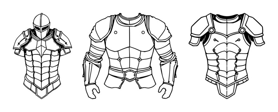 Medieval fantasy armor set with detailed outlines and dark shading featuring knight, warrior, soldier with protection and combat gear