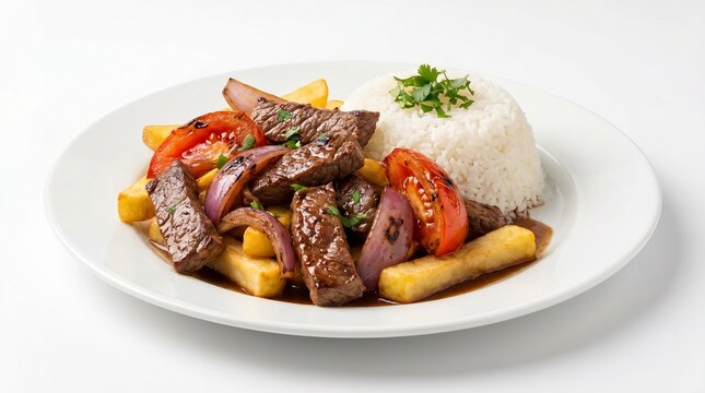 Peruvian lomo saltado with rice on white plate